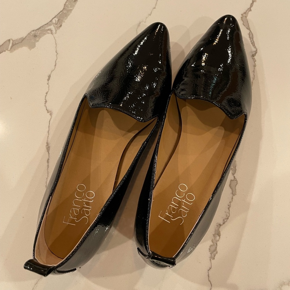 Patent Franco Sarto loafers with gunmetal studded detail